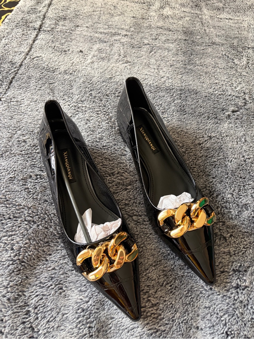 SHEIN Black Patent Pointed Toe Flats with Gold Chain
